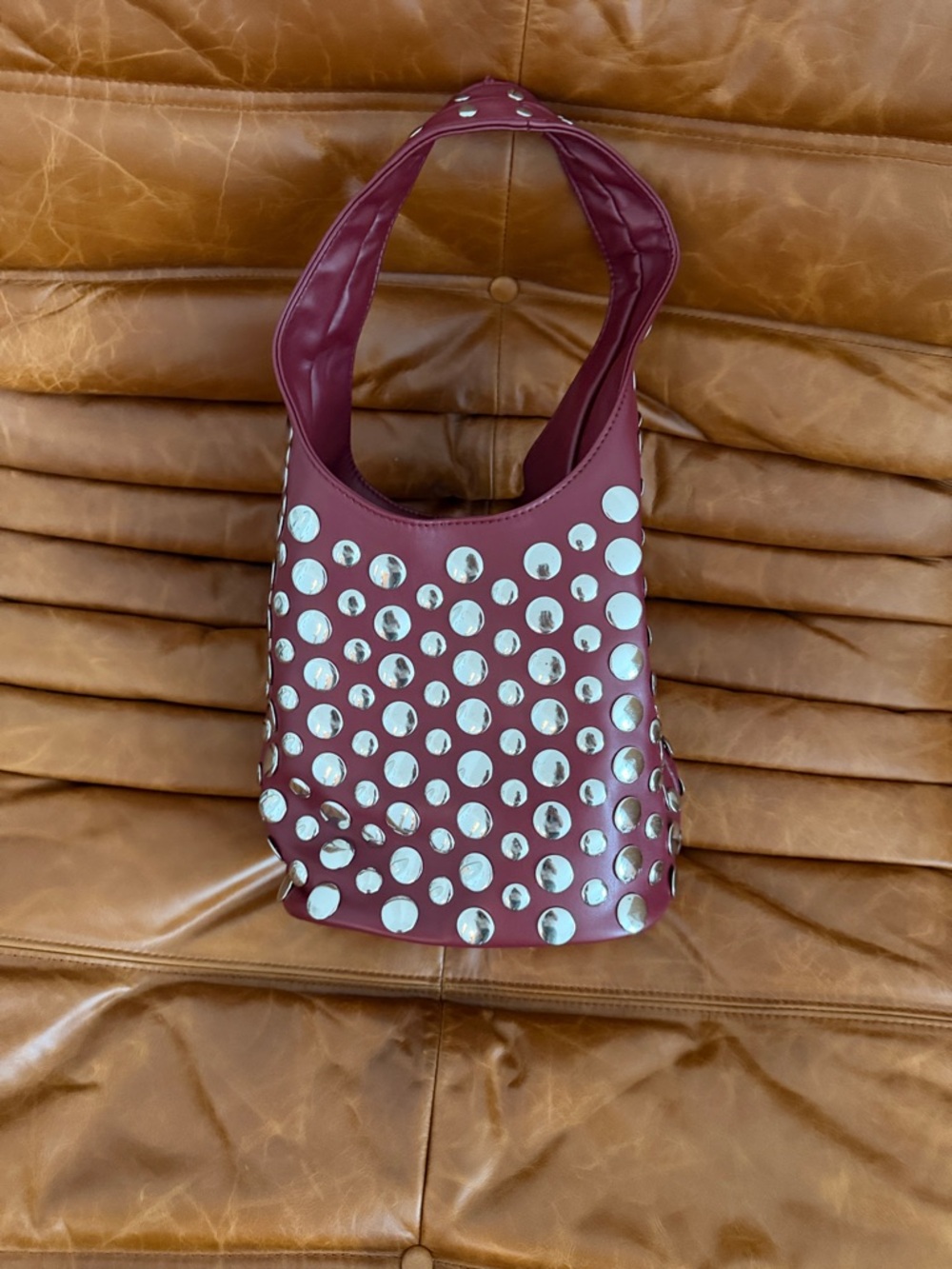 Stradivarius Studded Burgundy Shoulder Bag - Women's Fashion Tote